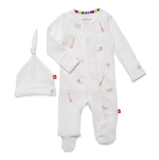 White Serene Safari Embroidered Footie + Hat