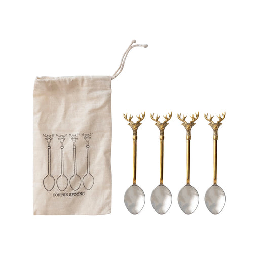 S/4 Brass Spoons w/Gold Finish Reindeer Handles