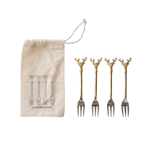 Stainless Steel and Brass Forks w/ Reindeer - S/4