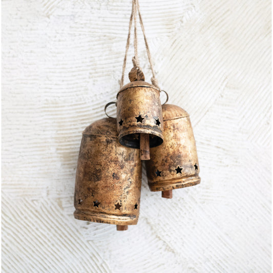 Metal Bell on Jute Rope with Star Cut-Outs - Large