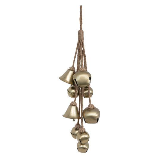 Metal Bell Cluster w/ Jute Rope - 16”H - Antique Brass Finish