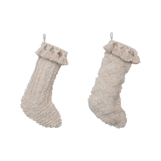 Cotton Slub Stocking w/ Tufting & Tassels - Cream -2 Styles