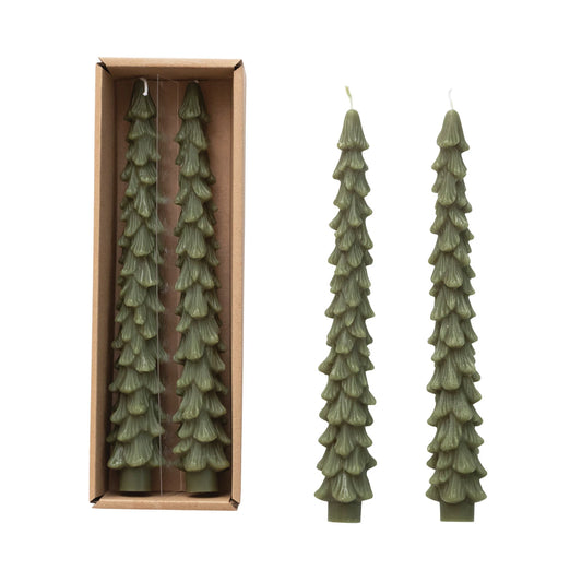 S/2 10” Unscented Tree Shaped Taper Candles - Evergreen