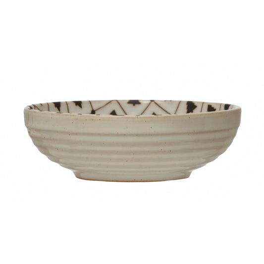 Stoneware Bowl with Tree Pattern, Reactive Glaze, White and Black