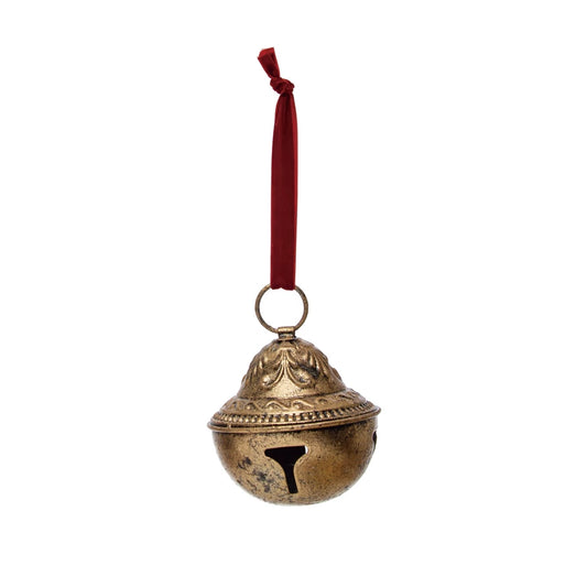 Embossed Metal Sleigh Bell with Velvet Ribbon, Gold Finish