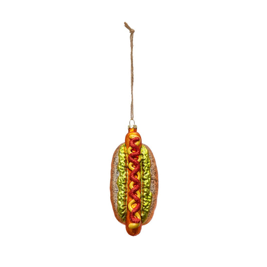 Hand Painted Glass Hotdog Ornament w/ Glitter