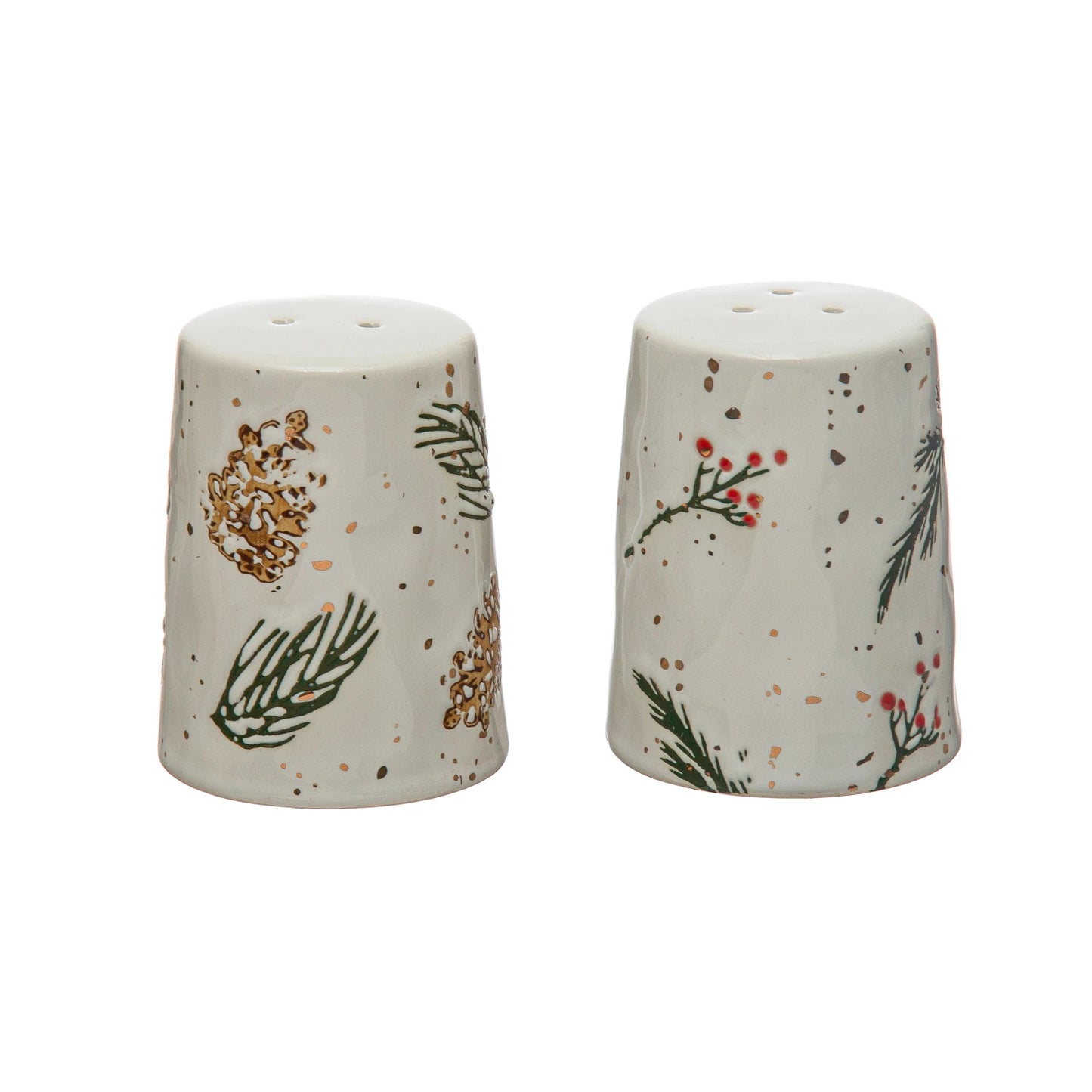 Stoneware Salt & Pepper Shakers w/ Wax Relief Pinecones & Pine Boughs