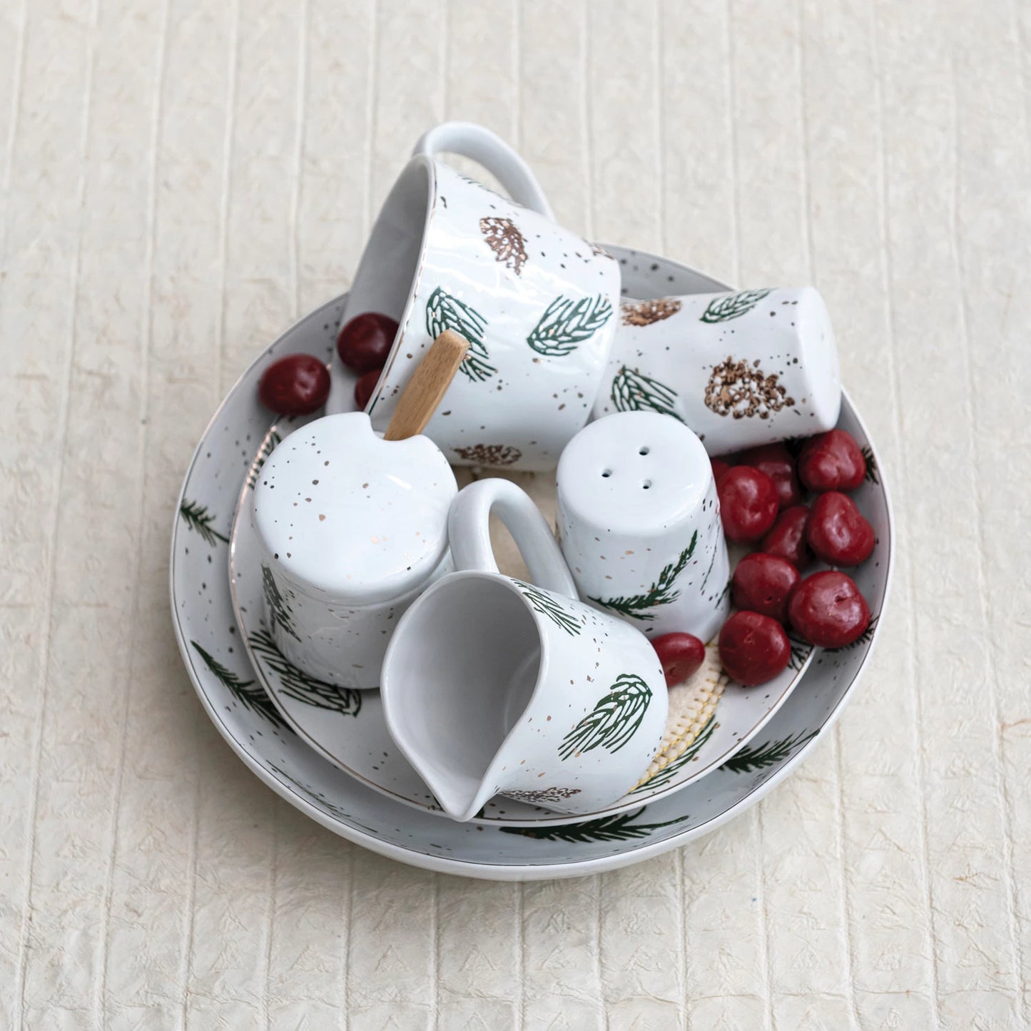 Stoneware Salt & Pepper Shakers w/ Wax Relief Pinecones & Pine Boughs