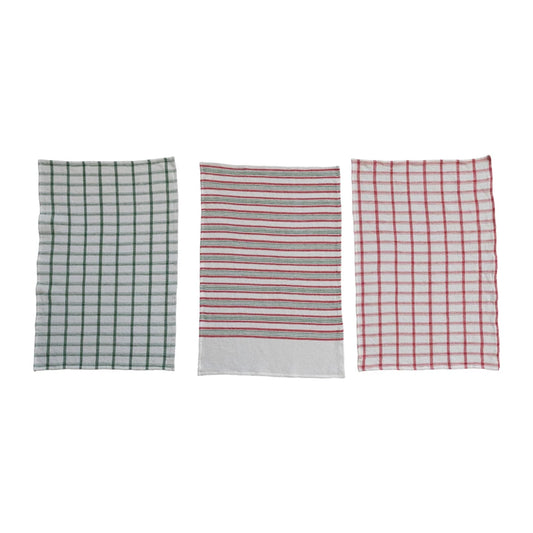 Cotton Waffle Weave Tea Towel w/ Green & White Grid Pattern