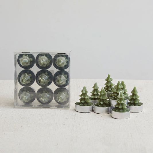 Round Unscented Tree Tealights, Evergreen Color, Set of 9