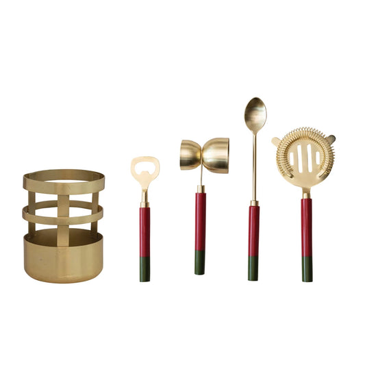 Stainless Steel Bar Tools w/ Resin Handles | Red, Green, and Gold Finish (S/5)