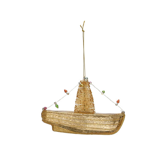 Hand-Painted Glass Boat Ornament w/ Glitter & Lights - Gold FInish