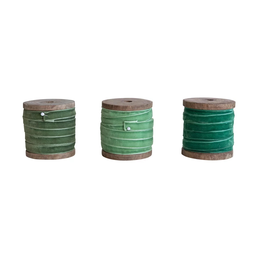 10 Yard Velvet Ribbon Wood Spools | Green