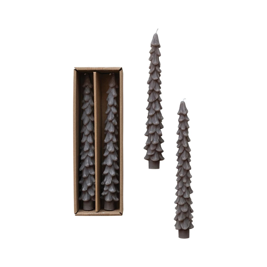 Tree Shaped Taper Candles in Box, Pewter Color, Set of 2