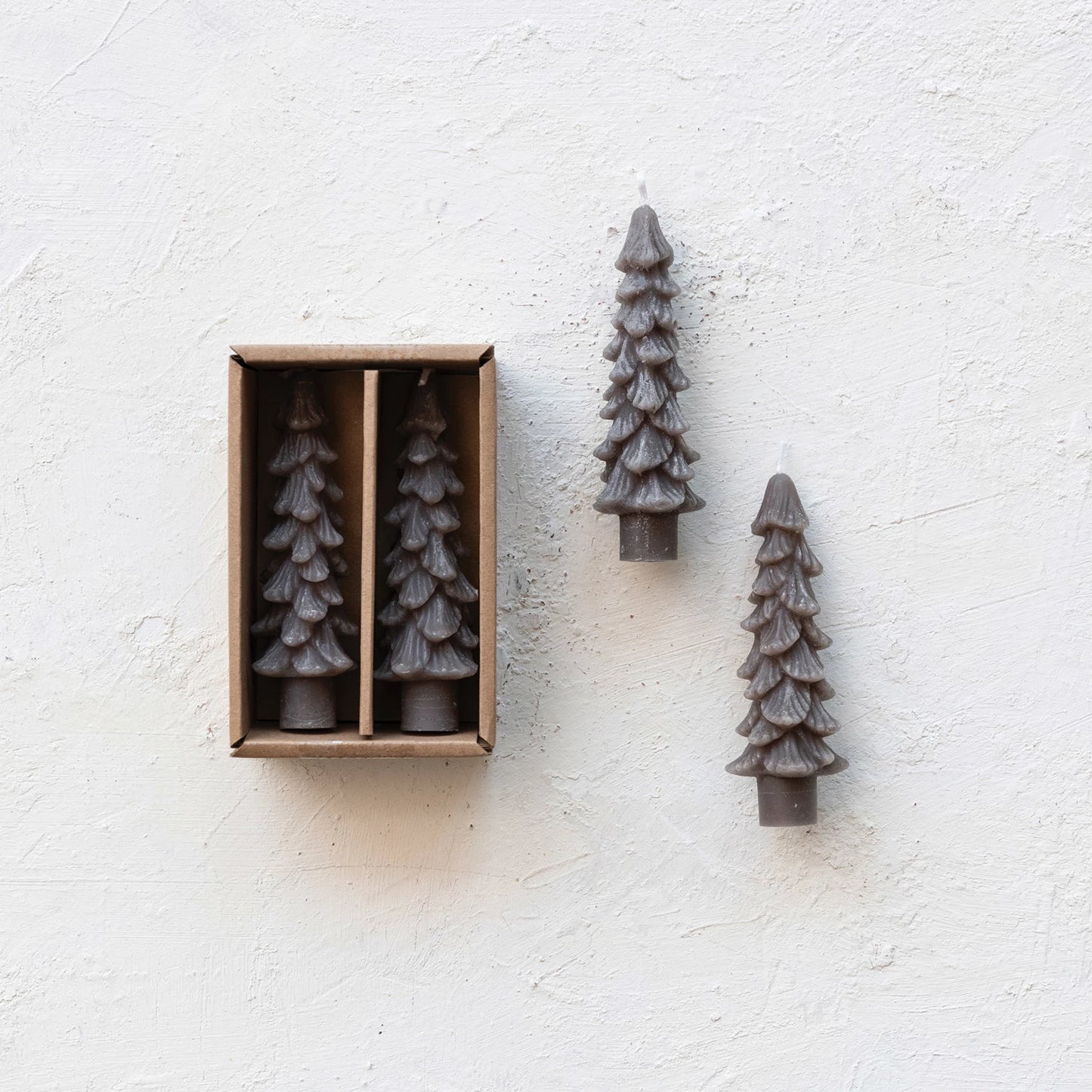 Tree Shaped Taper Candles in Box, Pewter Color | Set of 2 | 5"