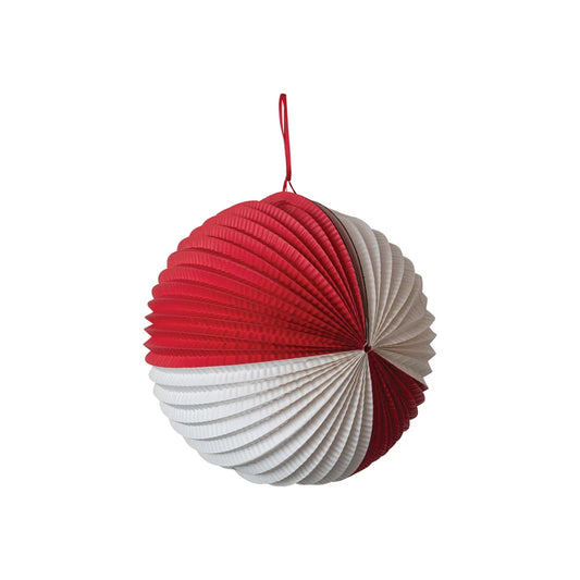 Crinkle Paper Folding Pleated Ball Ornament | Red + White | 12"