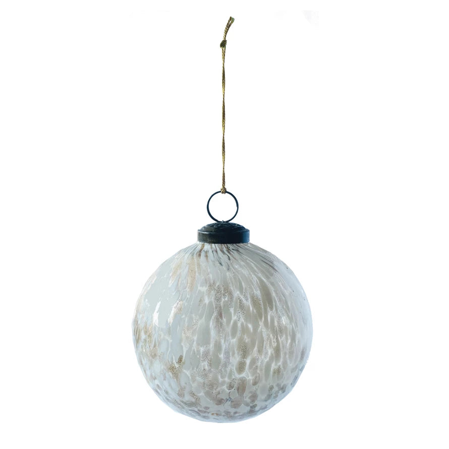 Recycled Marbled Glass Ball Ornament | White & Gold Finish | 4"