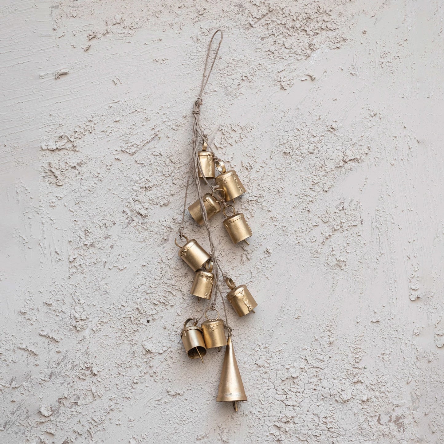 Handmade Hanging Metal Bells on Jute Rope | Gold Finish