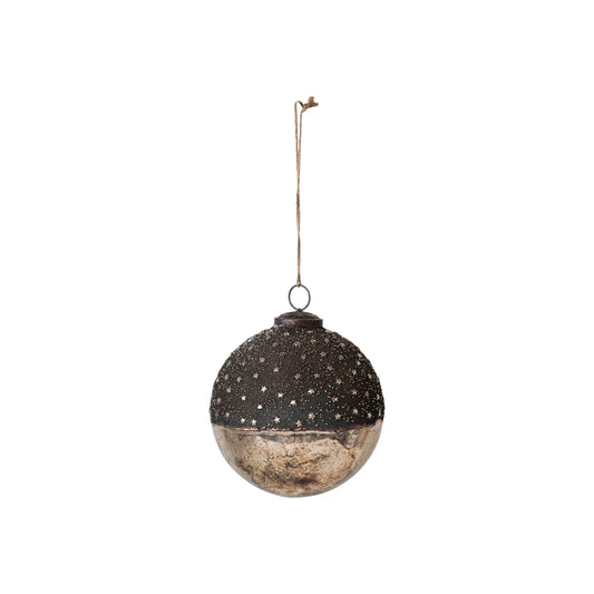 Mercury Glass Ball Ornament w/ Stars | Dipped Bronze & Gold Finish | 6"