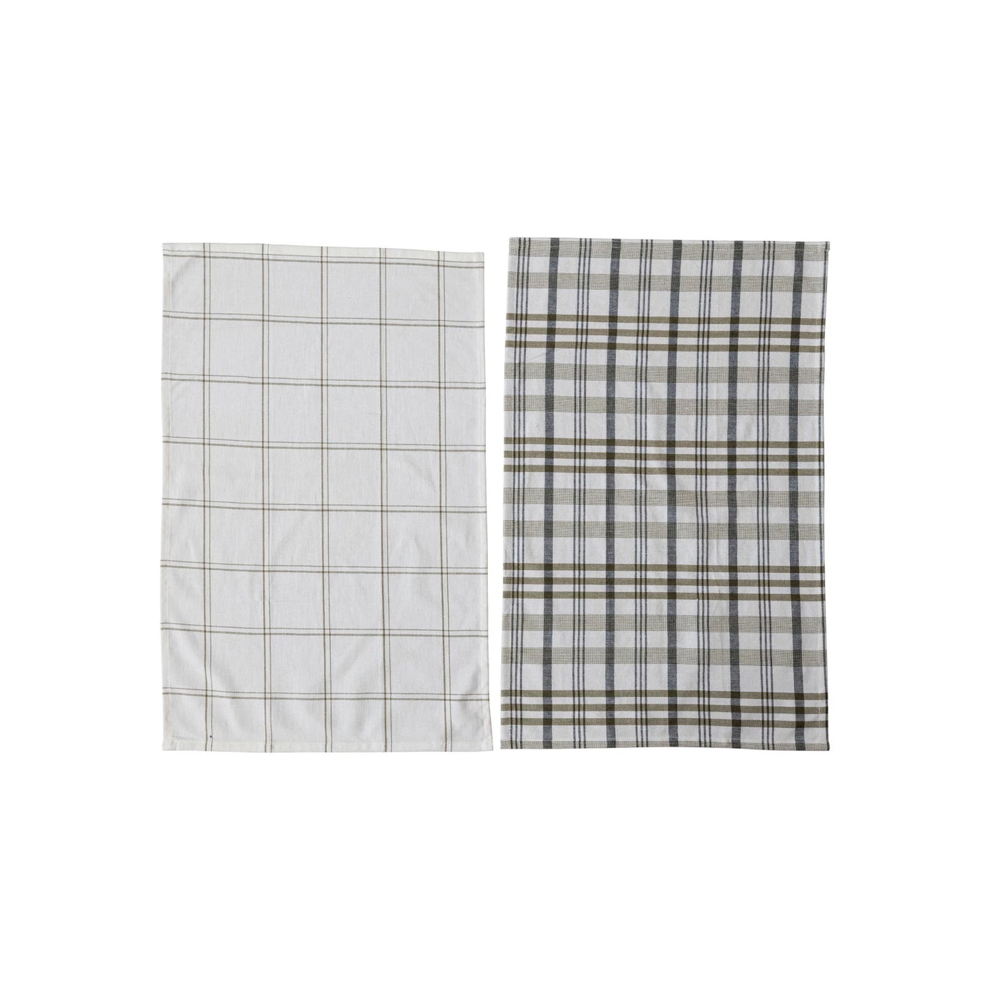 Stonewashed Cotton Tea Towel w/ Grid/Plaid Pattern, White & Green, 2 Styles