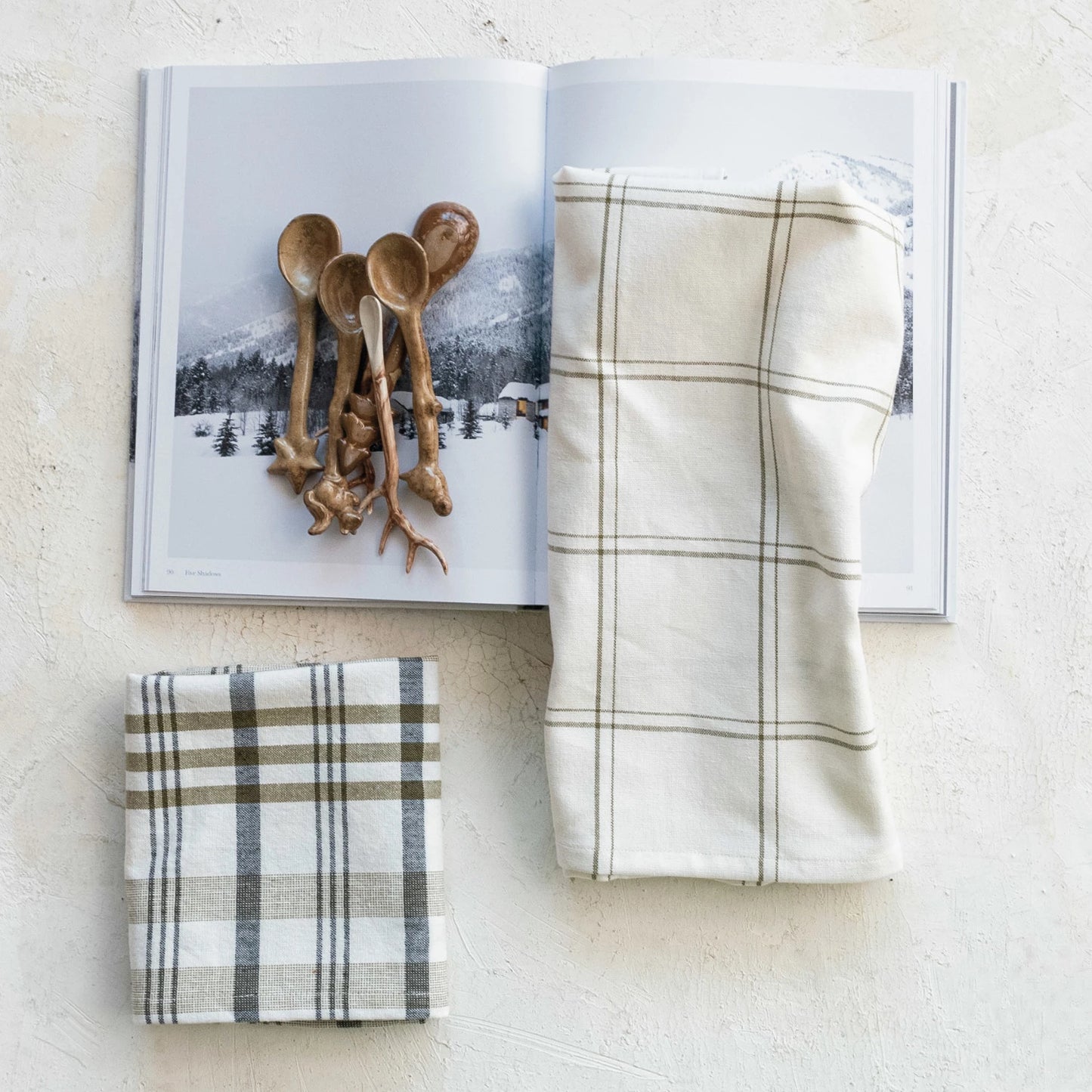 Stonewashed Cotton Tea Towel w/ Grid/Plaid Pattern, White & Green, 2 Styles