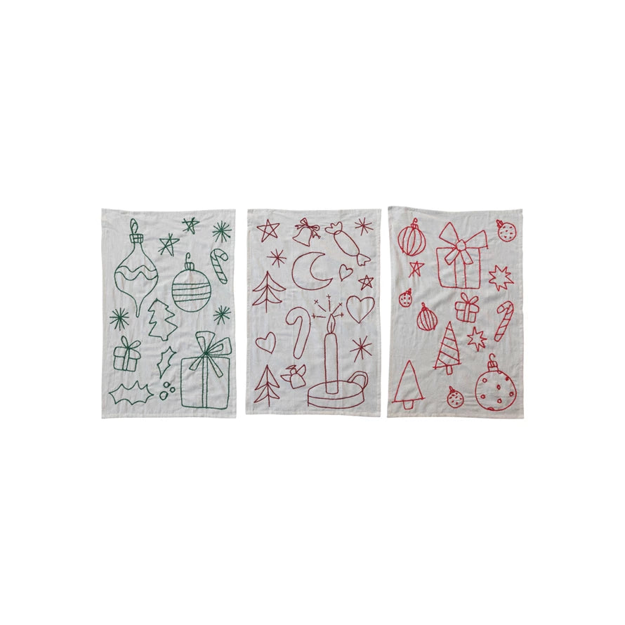 Woven Cotton & Linen Tea Towel w/ Embroidered Holiday Icons, 3 Colors | 3 Styles