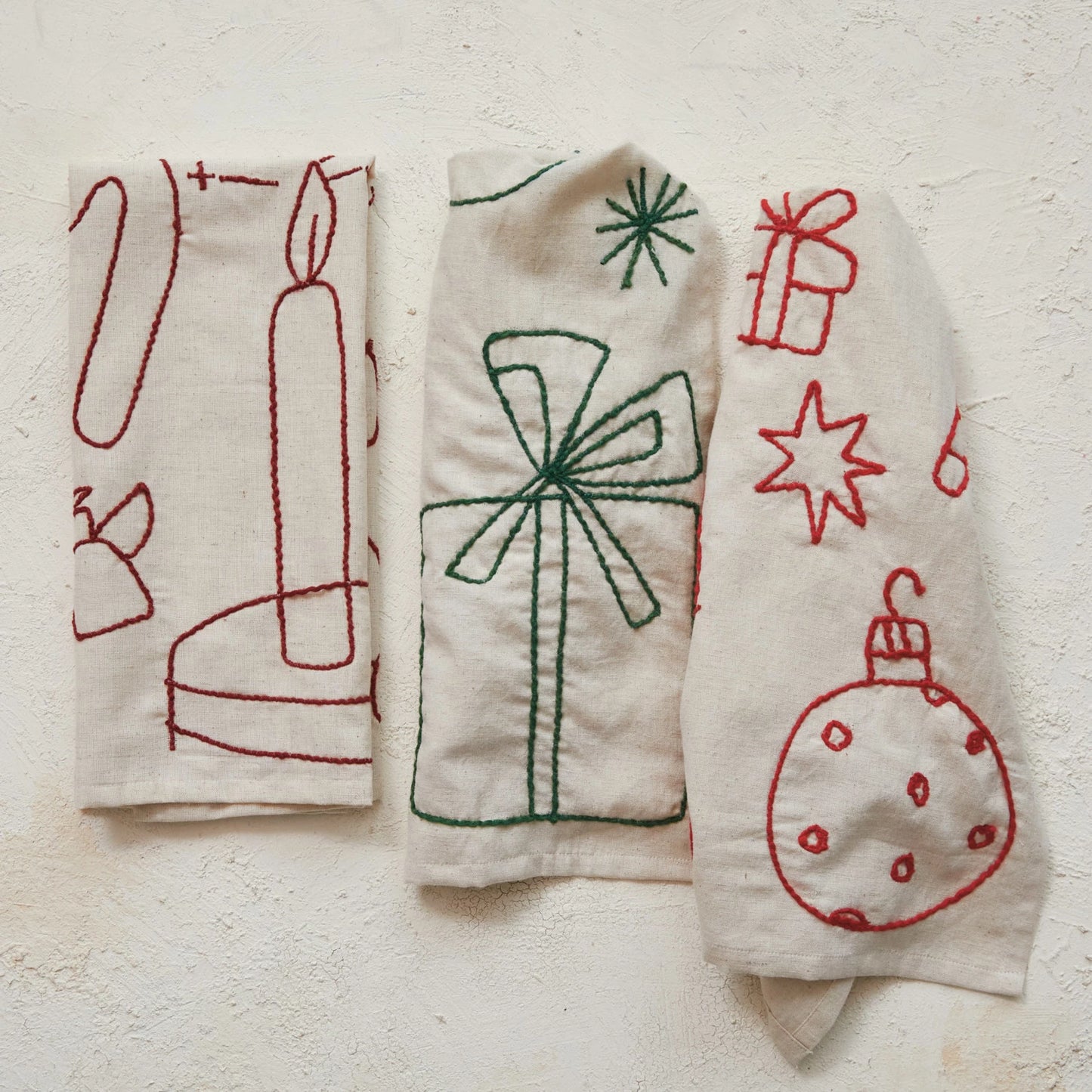 Woven Cotton & Linen Tea Towel w/ Embroidered Holiday Icons, 3 Colors | 3 Styles