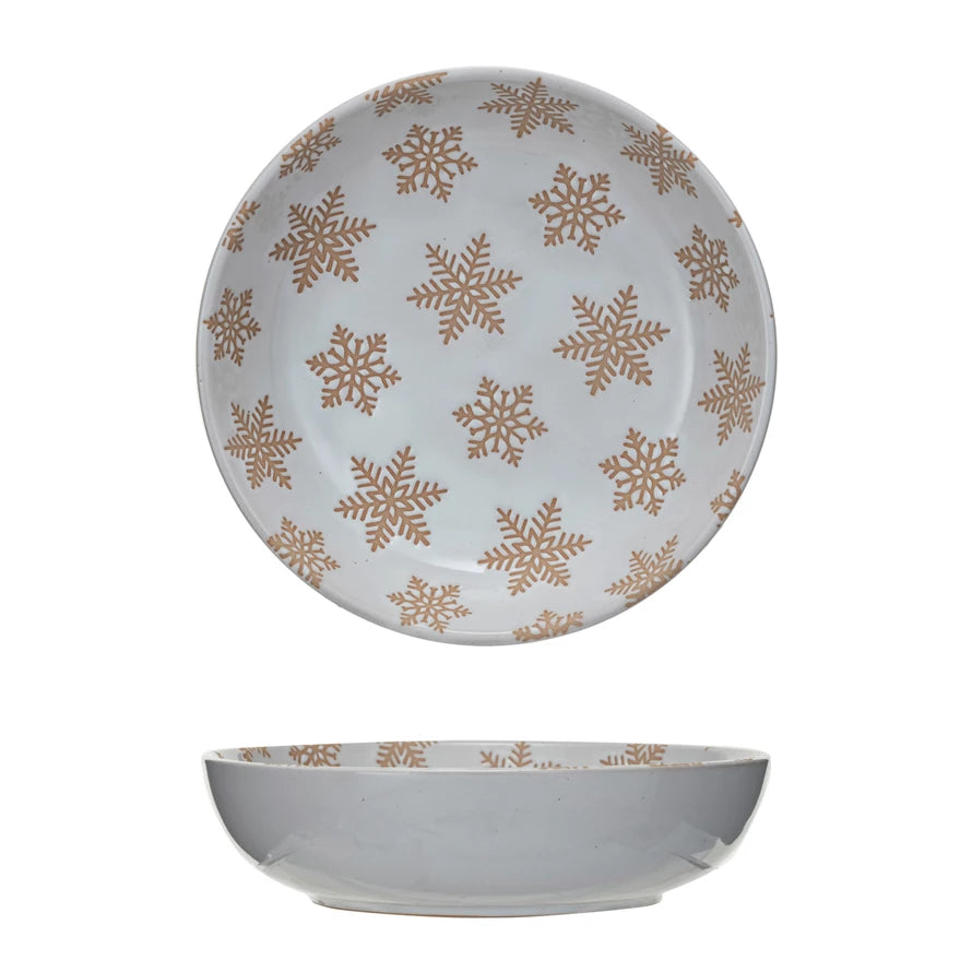 Stoneware Bowl w/ Wax Relief Snowflakes, Reactive Glaze