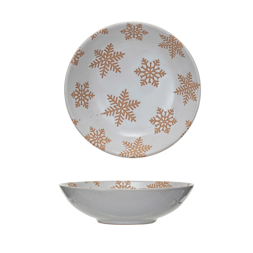 Stoneware Bowl w/ Wax Relief Snowflakes, Reactive Glaze, White (Each One Will Vary)