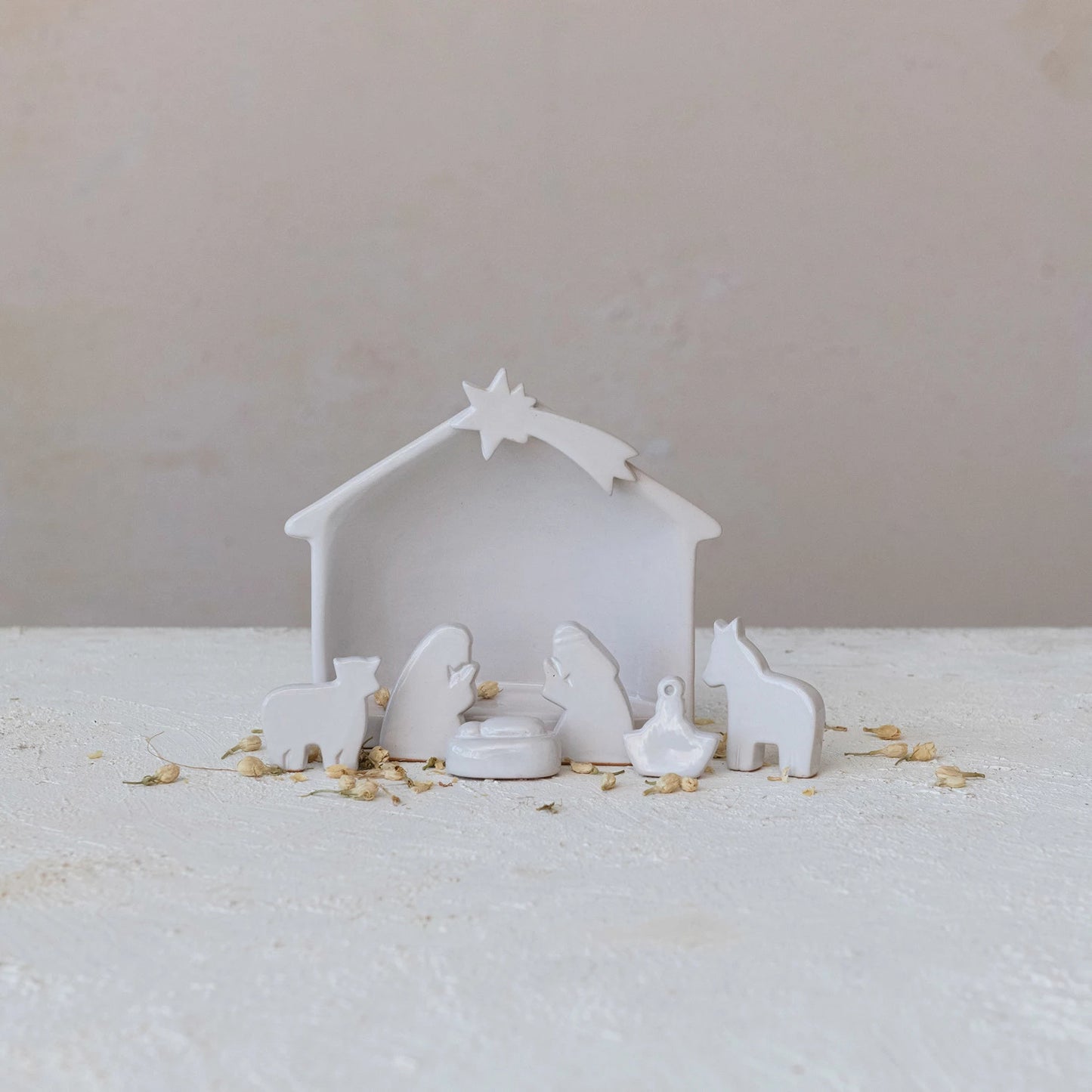 Stoneware Nativity, Reactive Glaze, White | 7 pc.  (Each One Will Vary)