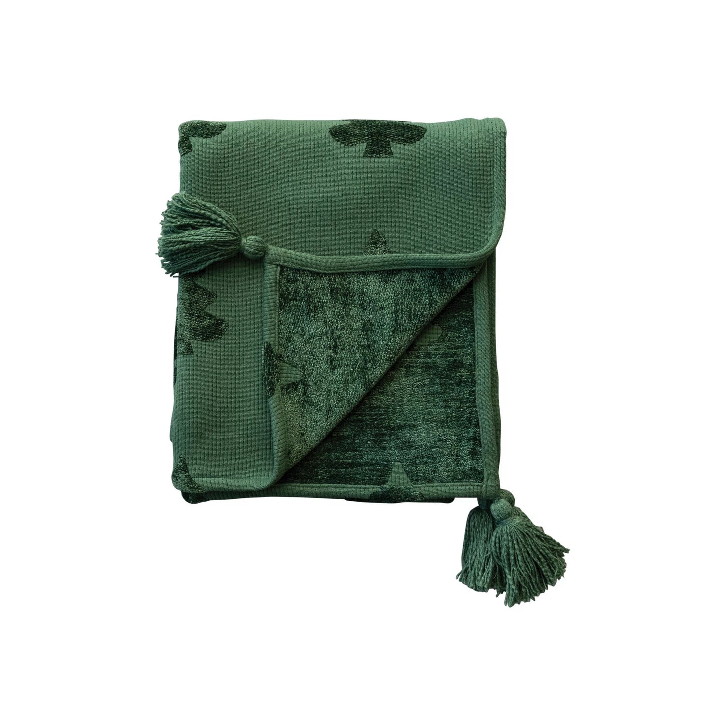 Woven Cotton Blend Jacquard Throw w/ Trees & Tassels | Green