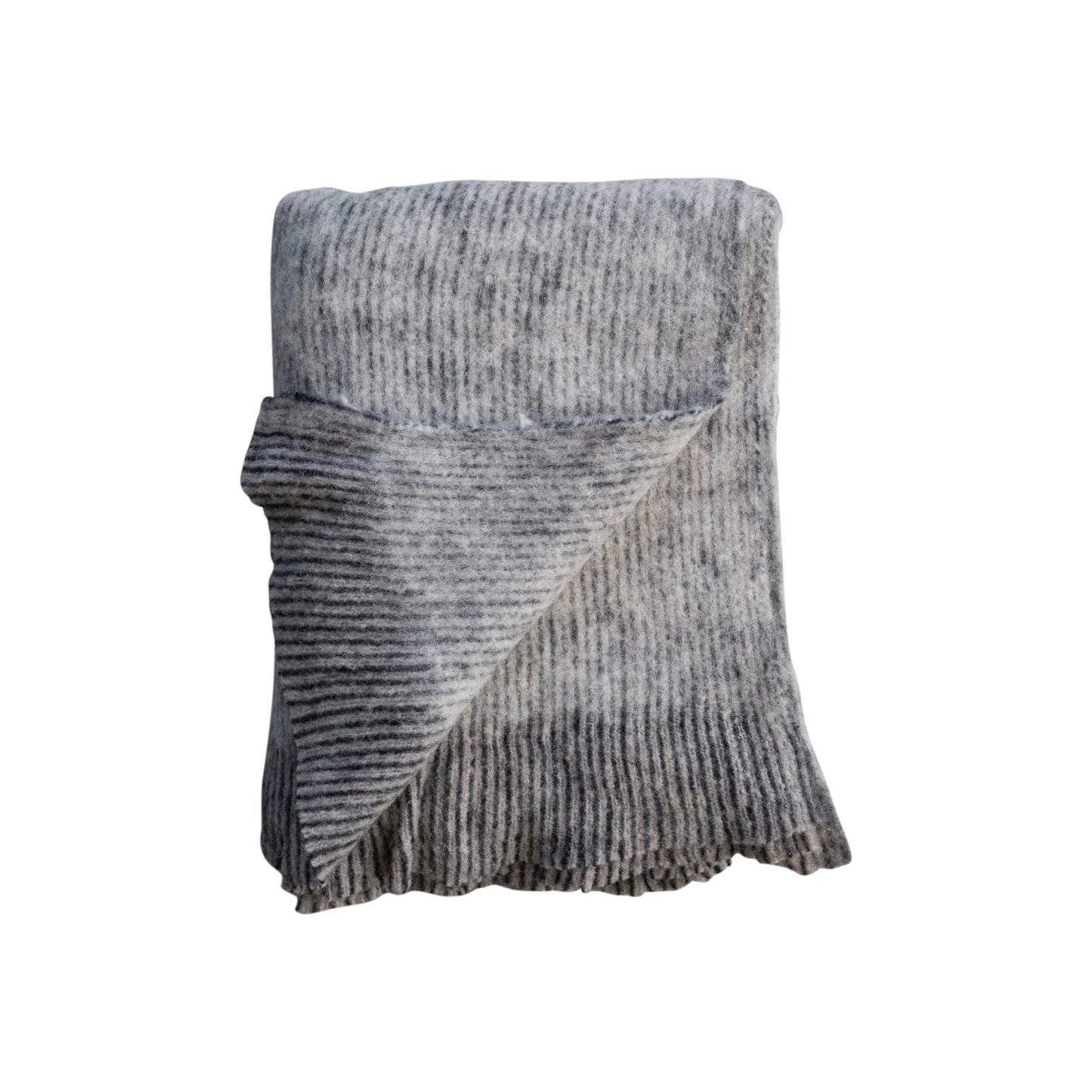 Brushed New Zealand Wool Striped Throw w/ Ruffled Edge | Grey