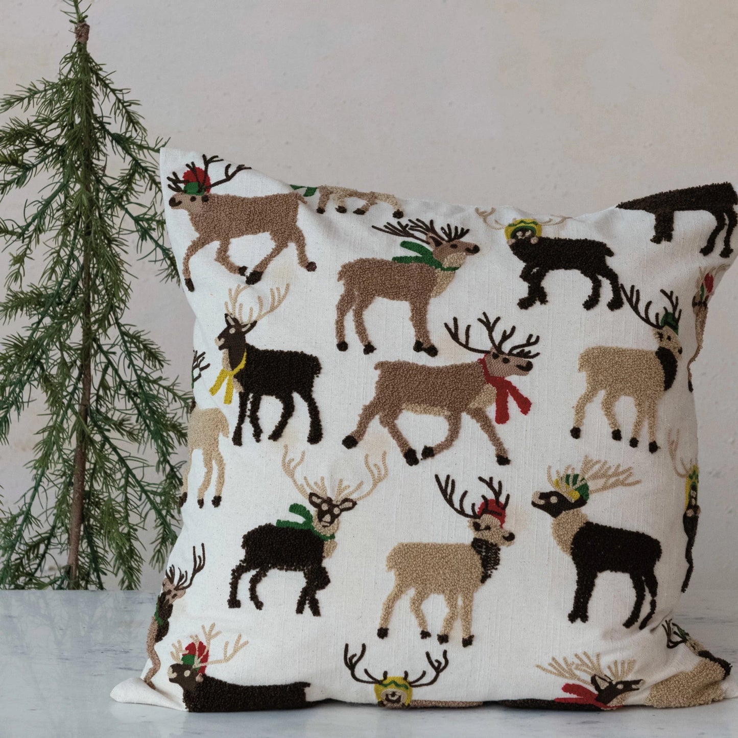 Cotton Slub Pillow w/ Tufted & Embroidered Reindeer, Multi Color | 20"