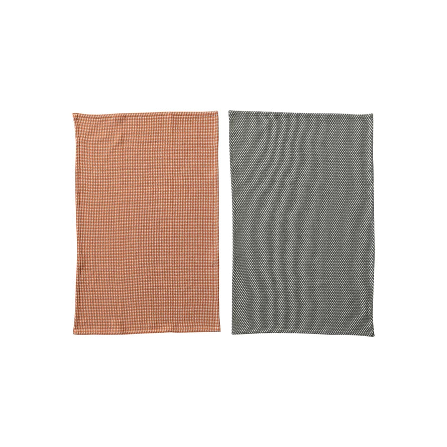 Woven Cotton Dobby Tea Towels, Orange & Charcoal Color | Set of 2