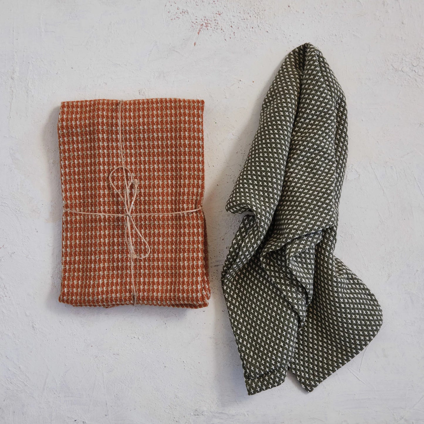 Woven Cotton Dobby Tea Towels, Orange & Charcoal Color | Set of 2