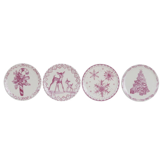 Stoneware Plate w/ Holiday Image, Pink & Cream Color | 4 Styles