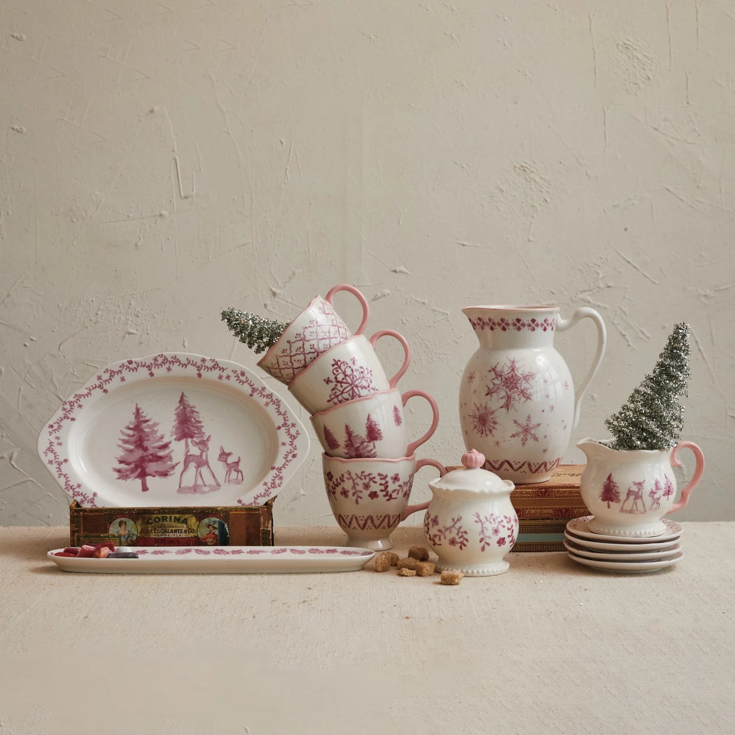 Stoneware Teacup w/ Holiday Image & Scalloped Rim | 4 Styles