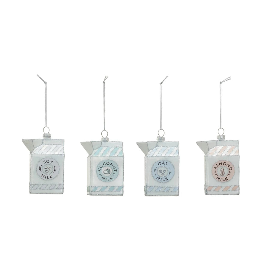 Glass Non-Dairy Milk Carton Ornament w/ Glitter | 4 Styles