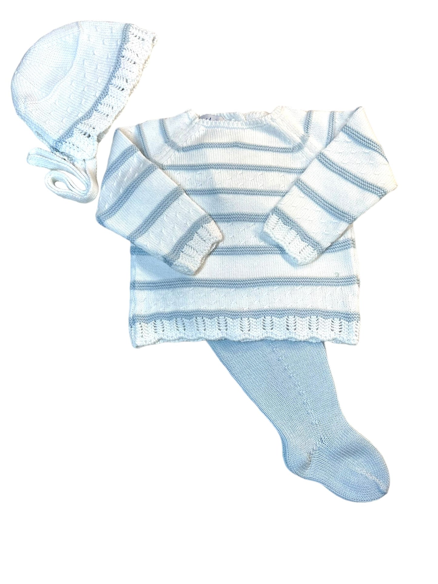 Footed Sweater Knit Set w/Bonnet | White/Light Blue