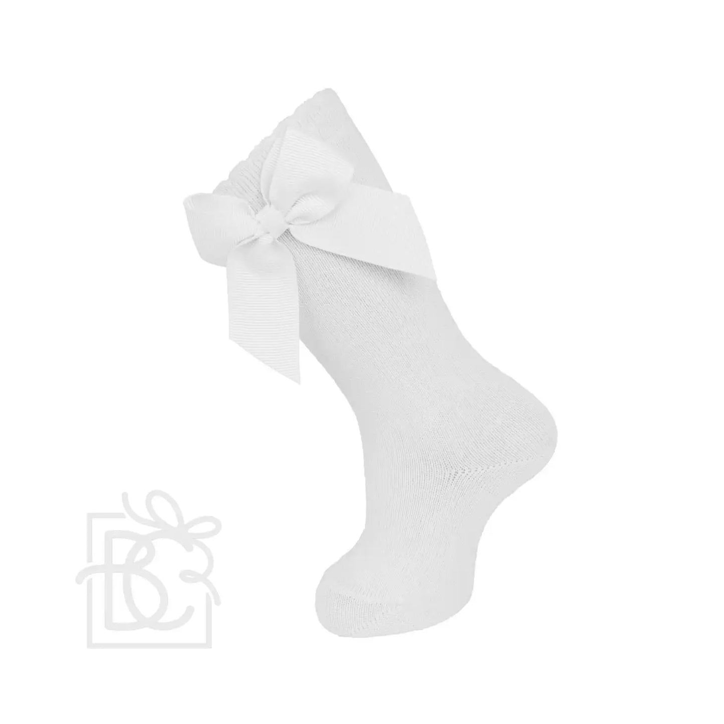 Knee Socks With Gross Grain Side Bow | White