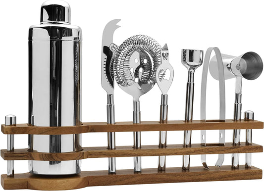 Mikasa Bliss Bar Tool Set with Wooden Stand, 8 Piece, Stainless Steel