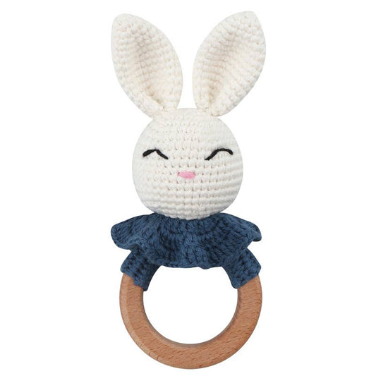 Baby Teething Toy Rattle Wood Ring Crochet Bunny Blue Scarf