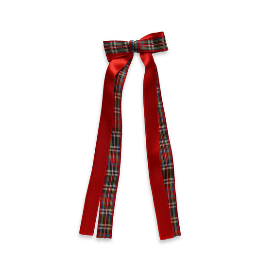 Tartan and Satin Long Tail Bow | 6.5 inches | Red