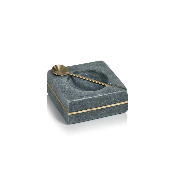 Gray Marble Square Salt & Pepper Bowl with Gold Spoon