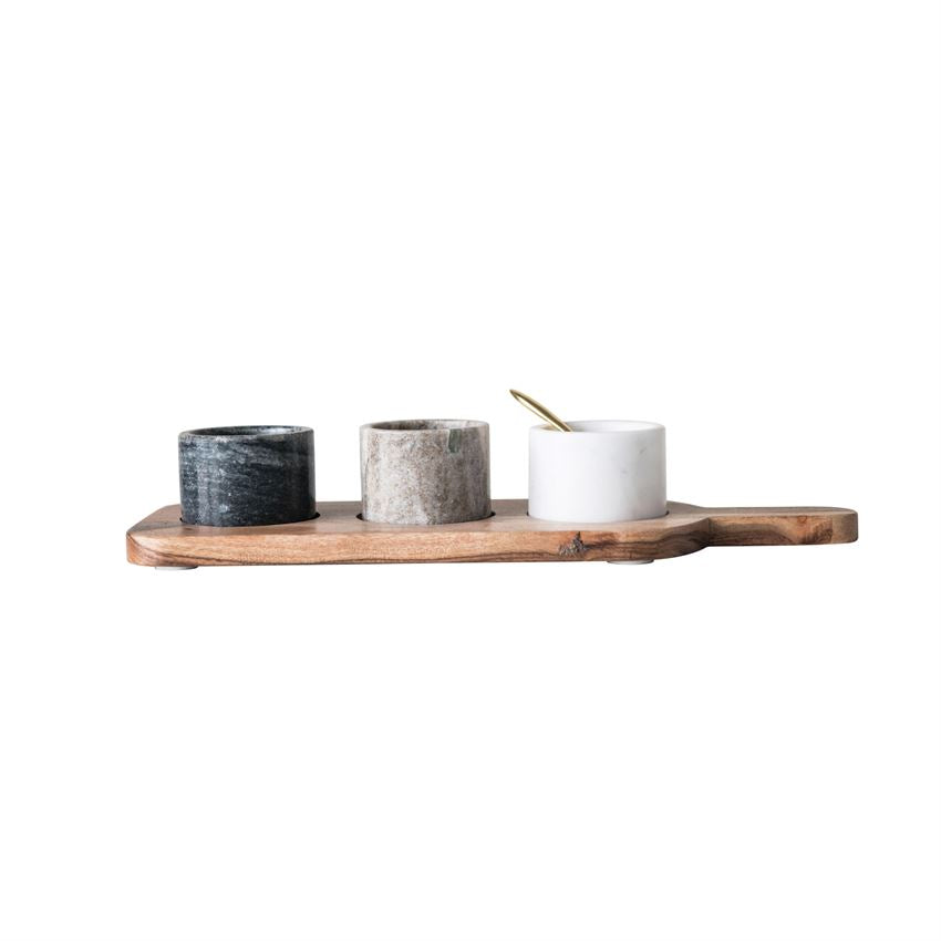 Acacia Wood Board w/ 3 Marble Pinch Pots & Brass Spoon