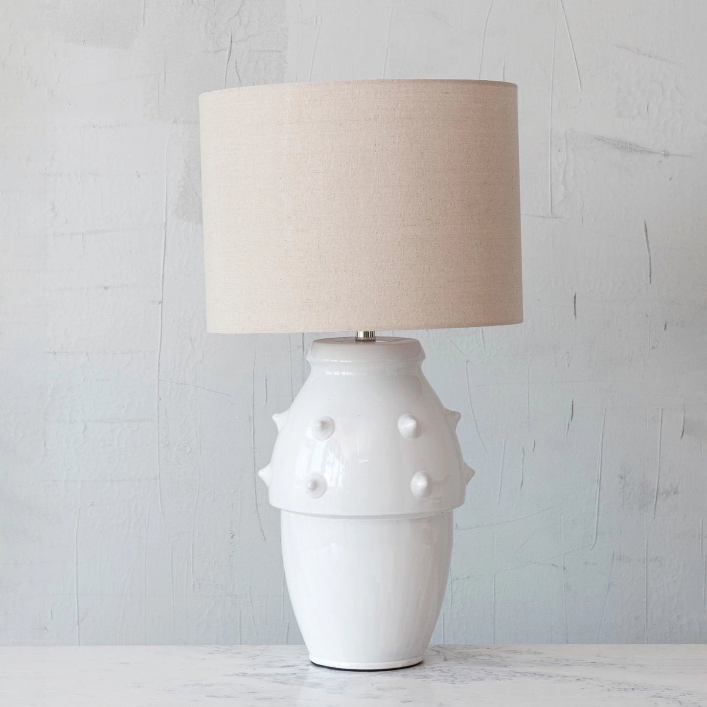 Stoneware Table Lamp w/ Raised Dots & Linen Shade, White - 30"H