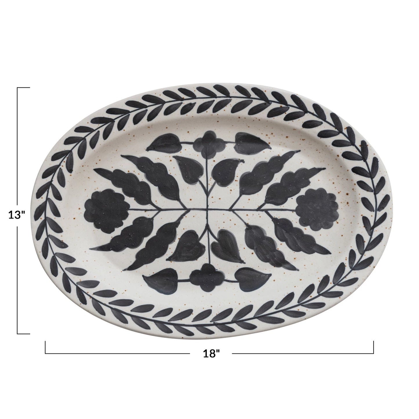 Hand-Painted Stoneware Platter w/ Floral Design| Matte Black & Cream Color Speckled