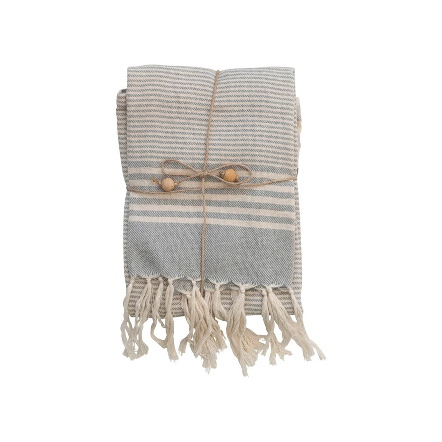 Woven Cotton Tea Towels w/ Stripes, Jute & Wood Bead Tie, 3 Styles, Set of 3