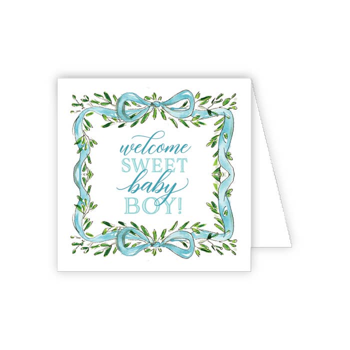 Handpainted Blue Ribbon with Greenery Crest Enclosure Card