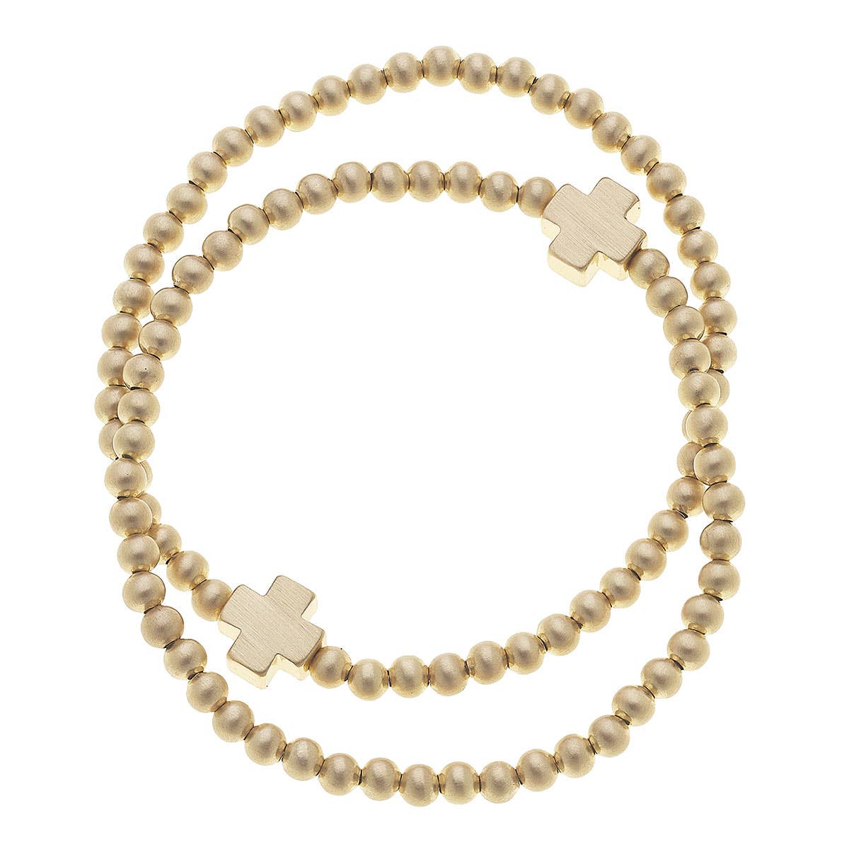 Isa Cross Ball Bead Stretch Bracelets (S/2) | Satin Gold